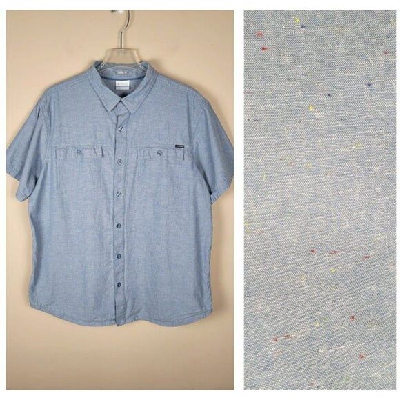 Columbia Size XL Short Sleeve Button Up Shirt Blue With Multicolor Threads - Picture 1 of 12